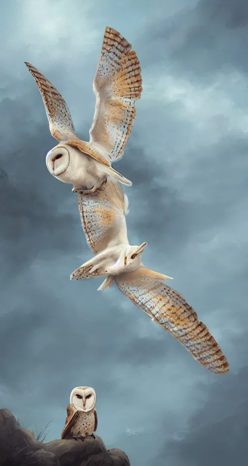 Prompt: barn owl painting in a style of charlie bowater, matte painting, 8k, fantasy