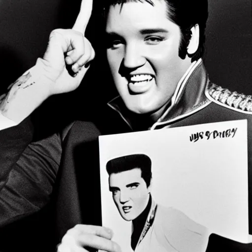 Prompt: Elvis Presley holding up a calendar for August 2022