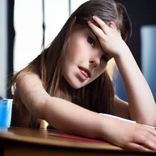 Image similar to girl with elbow on a desk and hands draging back hair on the head sitting on a chair