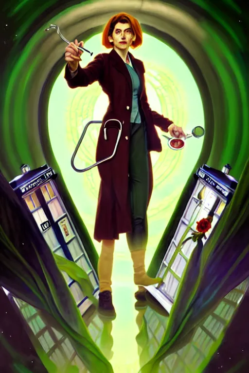 Image similar to doctor who, woman, as a mad dentist, on a plain green background, art by artgerm and greg rutkowski and alphonse mucha