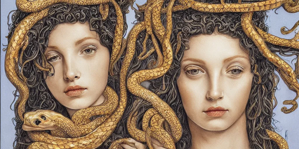 Image similar to realistic portrait of medusa with her snakes, golden, delicate, hyper realism, 1 4 5 0, ink, ultra realistic, 8 k
