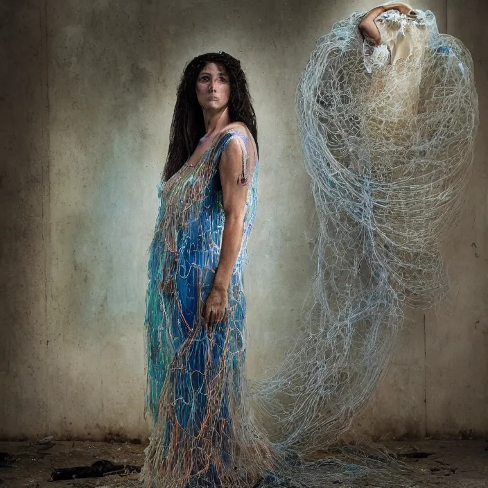 Image similar to a closeup portrait of a woman wearing a dress made of jelly fish and eels, standing in a derelict building, color photograph, by vincent desiderio, canon eos c 3 0 0, ƒ 1. 8, 3 5 mm, 8 k, medium - format print