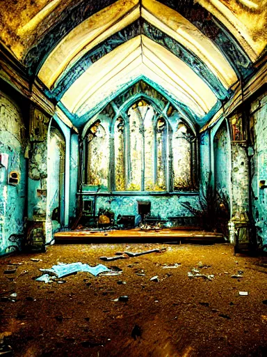 Image similar to interior of an abandoned, overgrown church, blue color palette, photo, digital art, detailed, intricate complexity, artstation