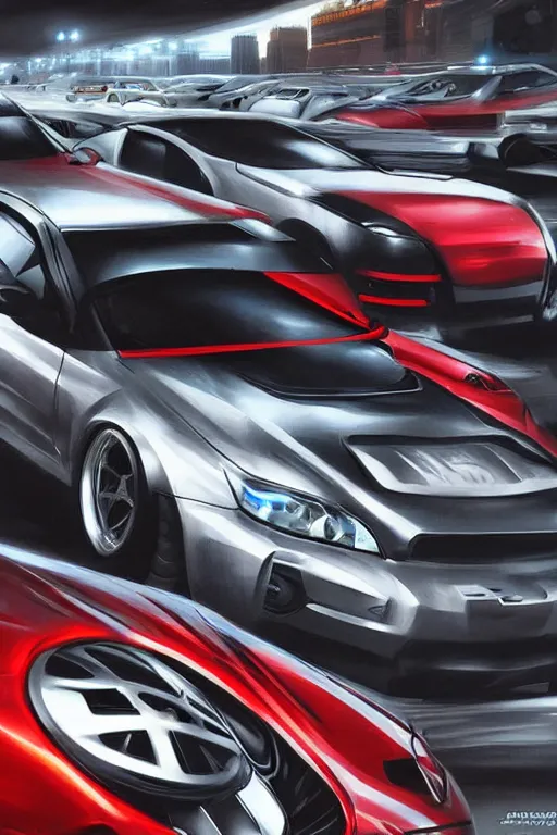 Prompt: jdm car meetup, drifting, highly detailed, digital painting, artstation, concept art, smooth, sharp, focus, illustration, art by artgerm