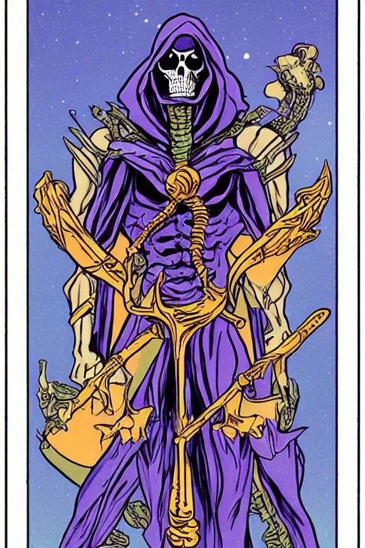 Image similar to skeletor tarot card, illustrated by john dyer baizley