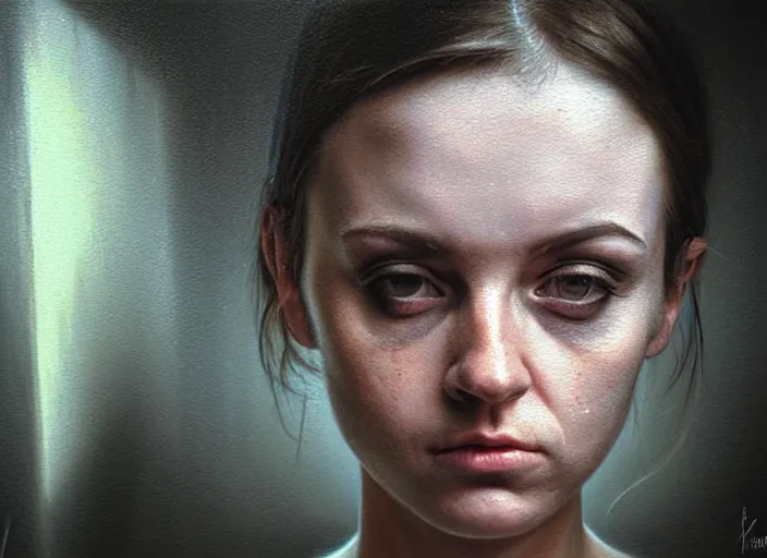 Image similar to photo, young female meth cook, illegal basement meth lab, edison lights, stefan kostic and david cronenberg, realistic, sharp focus, 8 k high definition, intricate, chiaroscuro, elegant, perfect faces, symmetrical face, extremely detailed, hypnotic eyes, realistic, fantasy art, masterpiece zdzislaw beksinski, artgerm