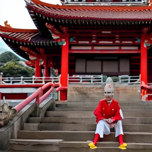 Image similar to ronald mcdonald contemplating the dawn of a new day inside an asian temple