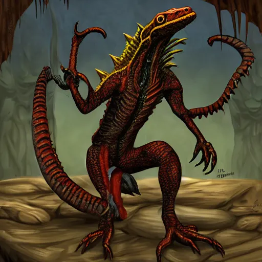 Image similar to big butcher anthropomorphic male lizardfolk posing scarily, scary angry pose, chasing you, bloody, covered in blood, fresh kill, cleaver, in a cave, earie setting, lovecraft eldritch horror, hyperdetailed, furaffinity, anthro art