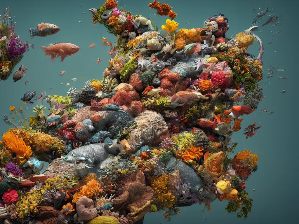 Image similar to a sculpture of fish ocean intertwined, a lovely cornucopia of flowers and human body parts, body parts, highly detailed, octane render, cinematic, shock, sharp focus