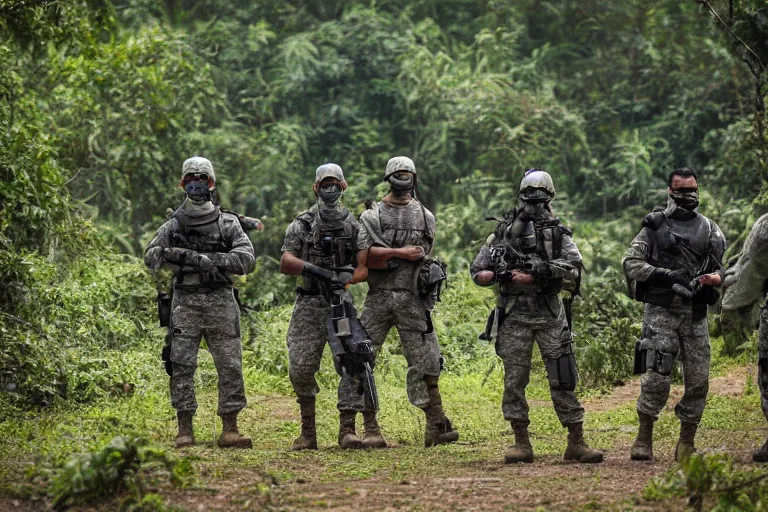 Image similar to Mercenary Special Forces soldiers in grey uniforms with black armored vest in a battlefield in the jungles 2022, Canon EOS R3, f/1.4, ISO 200, 1/160s, 8K, RAW, unedited, symmetrical balance, in-frame, combat photography