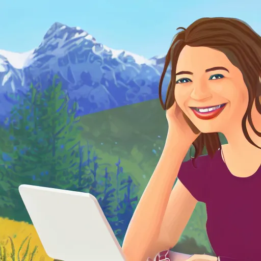 Image similar to illustration of a smiling female software developer sitting outside in front of a modern campus building with beautiful mountains in the background, digital art, high detail, summer, alps, 4k, cartoon