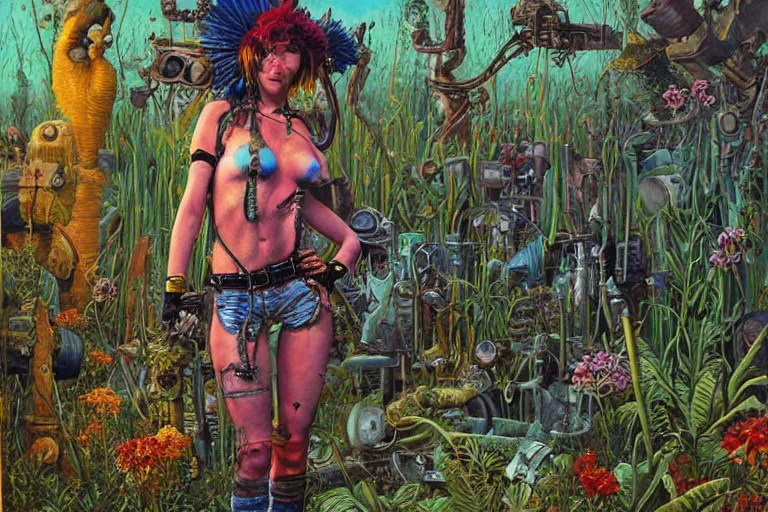 Image similar to oil painting, super - detailed scene tank girl, twilight junkyard, louisiana swamps, indigo blooming flowers garden, 8 k, 8 0 s japanese sci - fi books art, artwork by jean giraud