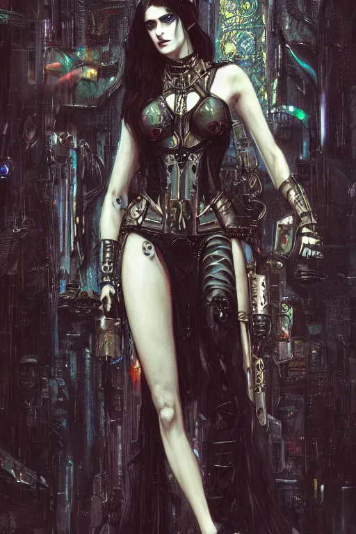 Image similar to beautiful gothic Alexandra Daddario, cyberpunk, Warhammer, highly detailed, artstation, illustration, art by Gustav Klimt