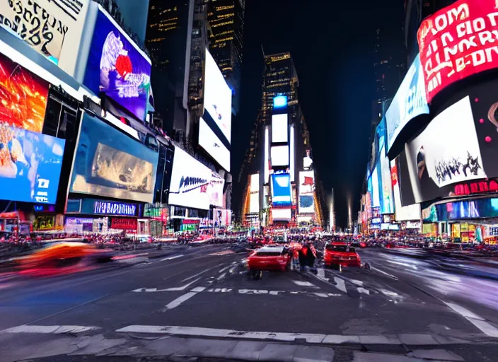 Image similar to film still of the moon shattering into pieces over time square in the new disaster movie, 8 k, night time