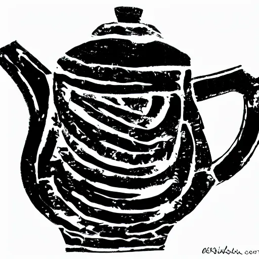 Prompt: teapot, block print, simple stylized, black ink on white paper