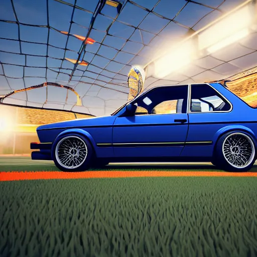 Image similar to a blue bmw e30 in the video game rocket league, rendered in unreal engine