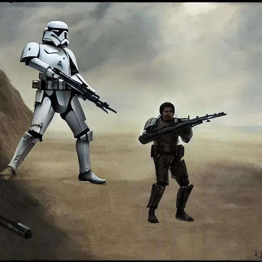 Image similar to an extremely long shot of an imperial stormtrooper in battle position ready to shoot his blaster concept art by Doug Chiang cinematic, realistic painting, high definition, very detailed, extremely high detail, photo realistic, concept art, the Mandalorian concept art style