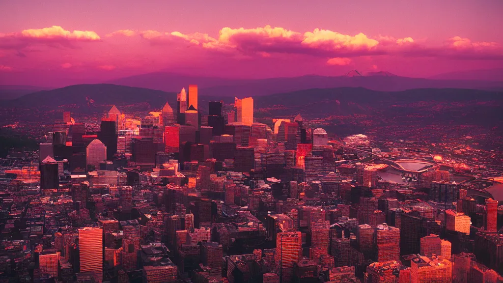 Prompt: an apocalyptic Pittsburgh, medium format photography taken from Mount Washington, Fuji velvia, 4k, golden hour