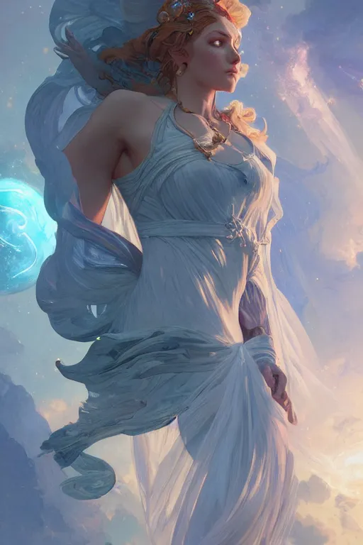 Prompt: goddess of space and time, accurate anatomy, only two hands, highly detailed, digital painting, artstation, concept art, smooth, sharp focus, illustration, Unreal Engine 5, 8K, art by Ross Tran and greg rutkowski and alphonse Mucha