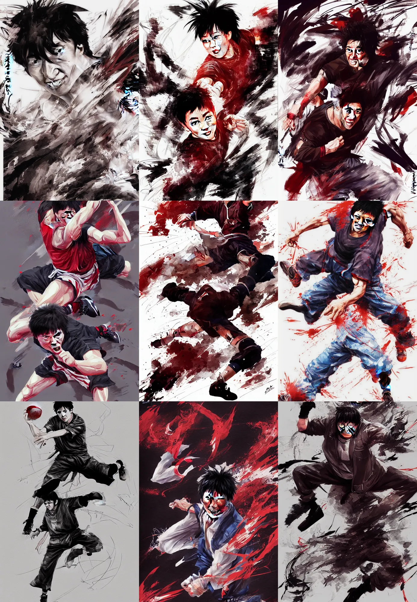 Prompt: a very detailed manga panel of jackie chan in slam dunk, action lines, greg rutkowski, high resolution, dynamic pose, landscape, medium portrait, samurai outfit, action, hyper realistic, manga, takehiko inoue, sakuga