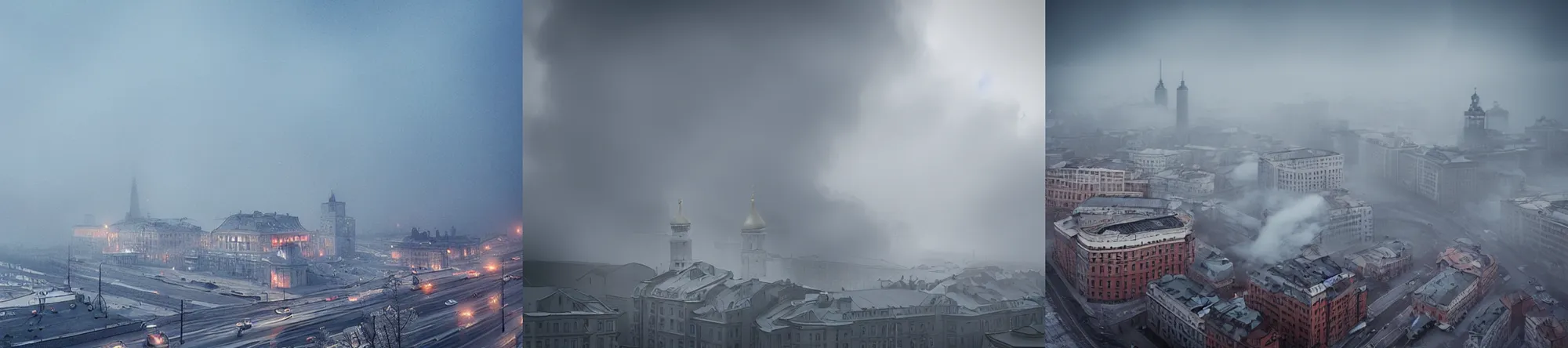 Prompt: Smoke and fog over the typical Russian city, Cinematic, Photorealistic, High quality, High detailed by AU Photography