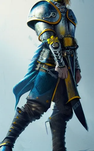 Image similar to highly detailed concept art of a rugged young knight with blonde hair and blue eyes and a short beard wearing a blue shirt over chain mail and steel pauldrons and a yellow cape and leather boots, concept art by Greg Rutkowski, realistic, masterpiece, ArtStation