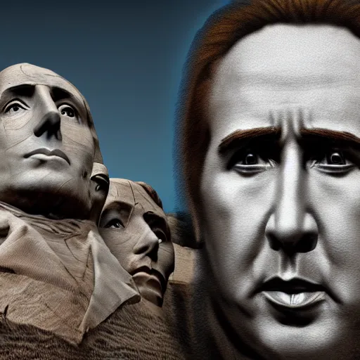 Prompt: nicolas cage in a mount rushmore, octane render, highly detailed digital art, digital photography, concept art, unreal engine, 4k, 8k, ultra HD, fun, laughs, dark humour