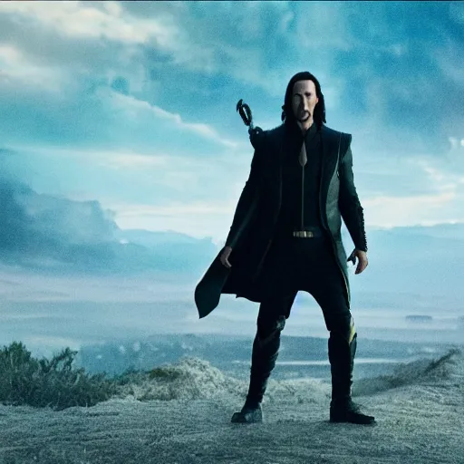 Prompt: film still of Keanu Reeves as Loki in Avengers Endgame, standing with scepter