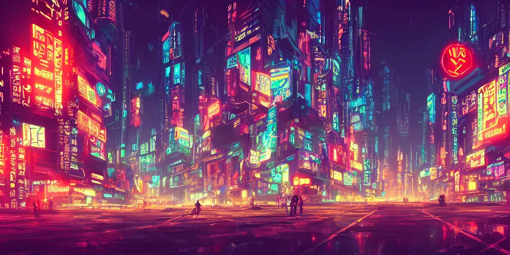 Image similar to a beautiful scene of a sprawling cyberpunk city at midnight, neon signs, concept art, studio ghibli, style of makoto shinkai and alphonse mucha, 4 k wallpaper