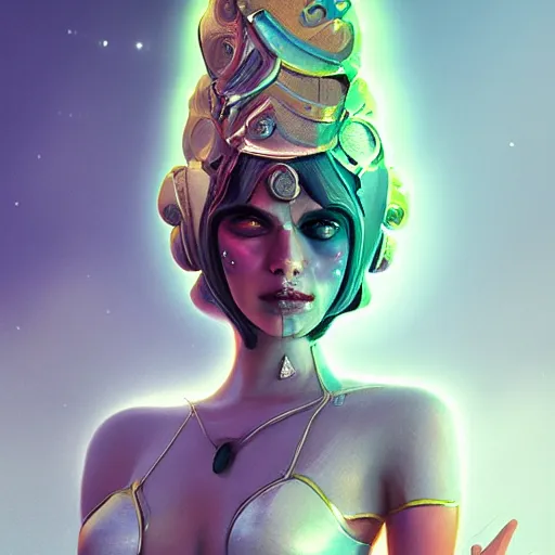 Prompt: beautiful futuristic goddess of jesters wearing a costume head piece and makeup, 8k resolution digital painting, cool cinematic lighting, DeviantArt Artstation, by Jason Felix and Ross Tran and Alessio Albi and Marta Syrko and WLOP