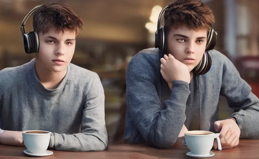 Image similar to a male teenager with headphones in a cafe sitting in front of a table with a coffee, digital painting, masterpiece, digital art, concept art, octane render, unreal engine 5, trending on deviantart, highly detailed, high quality, 4 k, cartoon, high coherence, realistic, anatomically correct, five fingers, relaxing, realistic and detailed face, beautiful, elegant