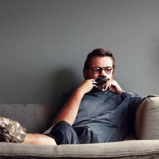 Prompt: an owl man sitting on a couch smoking a pipe, realistic 4k photography