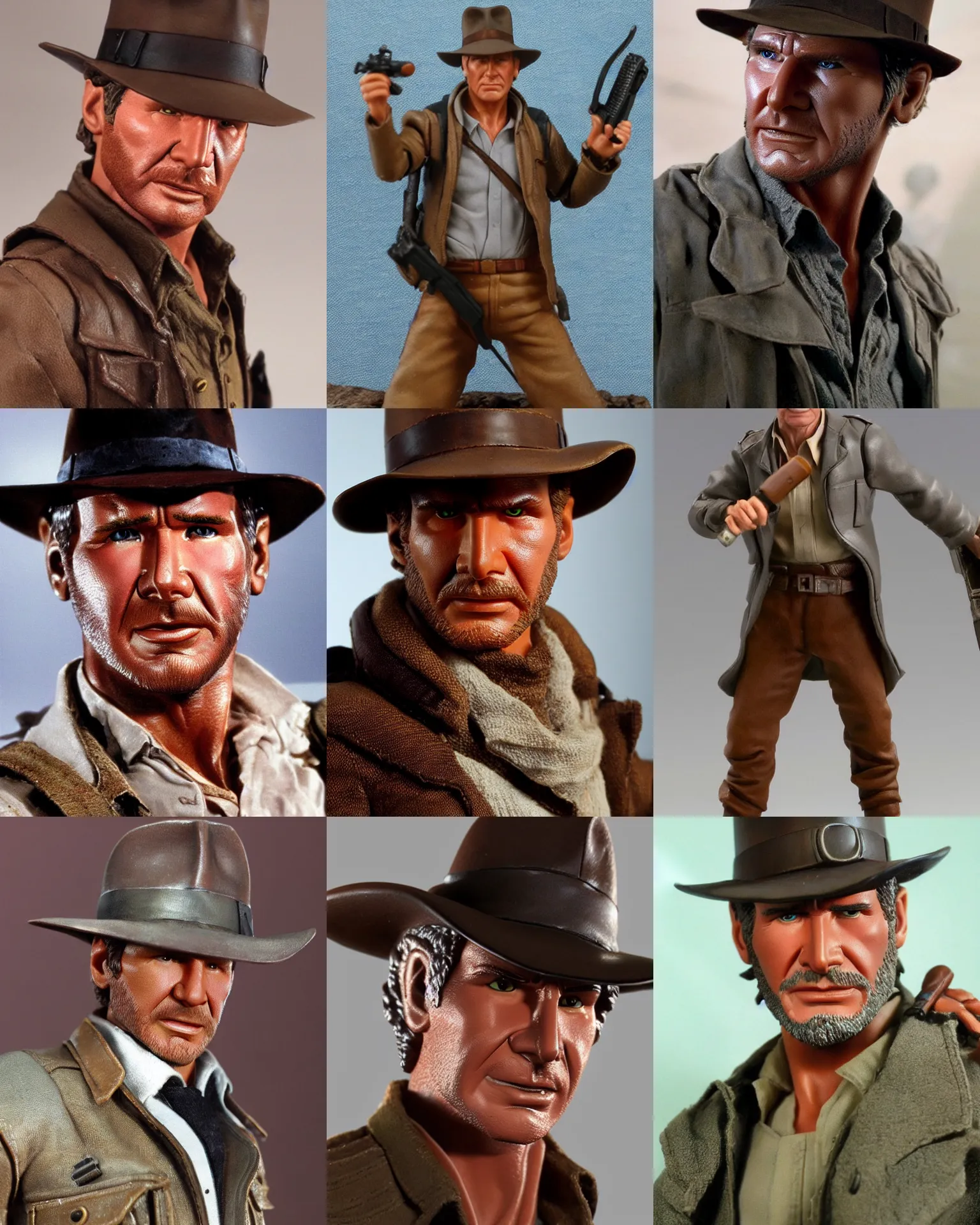 Prompt: harrison ford indiana jones!!! neca!!! f dull flat matte! silicon action figure by neca face close up headshot in the style of neca, character by neca, overcas weather!!!!