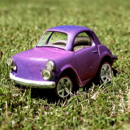 Image similar to an old little tykes toy car, abandoned on the side of the road. weeds are overgrown and the eyes on the car look slightly angry. the wheels seem to be turning into hands. black and white photo. surrealism.