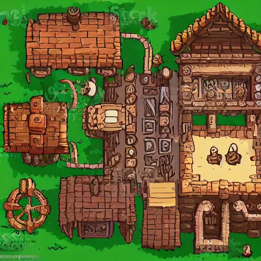 Image similar to A detailed vector art presenting an aerial view of a cartoonish tavern by dungeondraft, Patreon content, contaning tables and walls, HD, straigth lines, dnd map , map patreon, fantasy maps, foundry vtt, fantasy grounds, aerial view ,dungeondraft , tabletop, inkarnate, dugeondraft, roll20