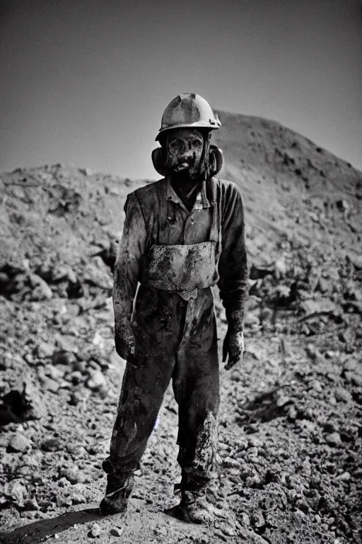 Image similar to Portrait of a Miner looking tired and over worked. Face dirty with soot. Smiling. White helmet. Standing in front of a Mine. Portra 400. 35mm Film. f/1.8. Portrait photography. Ultra HD, 8K