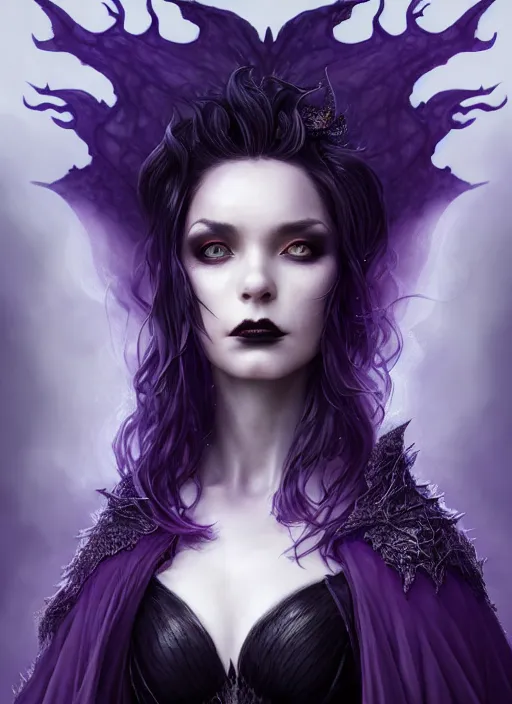 Image similar to side portrait Melanie Strohmaier as dark witch, adventurer outfit large cloak, fantasy forest landscape, dragon scales, fantasy magic, undercut hairstyle, short purple black fade hair, dark light night, intricate, elegant, sharp focus, illustration, highly detailed, digital painting, concept art, matte, art by WLOP and Artgerm and Greg Rutkowski and Alphonse Mucha, masterpiece