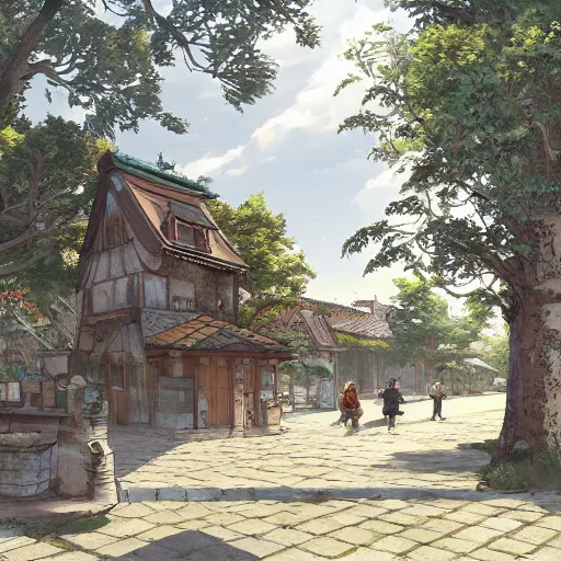 Image similar to concept art painting of a historic bakery with european and japanese architecture, in a woodland village surrounded by trees, realistic, detailed, cel shaded, in the style of makoto shinkai and greg rutkowski and james gurney