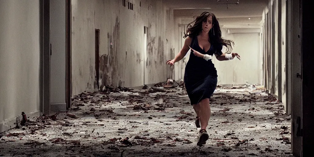 Image similar to Jennifer Love Hewitt running away from a serial killer in a scary abandoned highschool, hyper detailed, cinematic, movie still