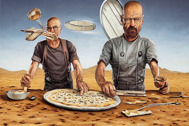 Image similar to a highly detailed portrait of walter white making pizza! in the desert, steaming hot sun in the sky, holding a blowtorch and a pizza peel, intense heat, post - apocalyptic vibe, full body, wide angle, an ultrafine detailed painting by joe fenton, trending on deviantart, pop surrealism, whimsical, lowbrow, perfect symmetrical face, sharp focus, octane, masterpiece