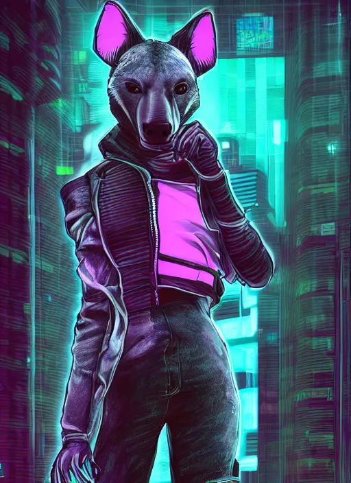 Image similar to digital artwork of anthromorphic hyena female, fursona, furry fandom, neon rainy cyberpunk setting, anthro, wearing cyberpunk 2 0 7 7 jacket, detailed face,