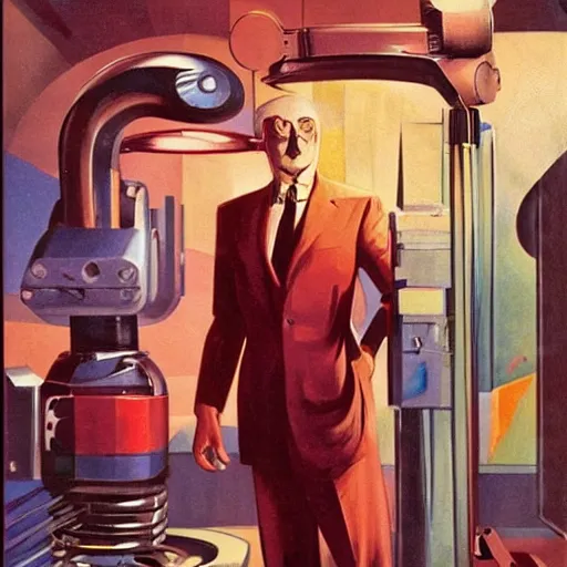 Image similar to man in futurist 6 0 ´ s lab, machines and futurist robots, red lights, leyendecker style, boris vallejo style, black suit