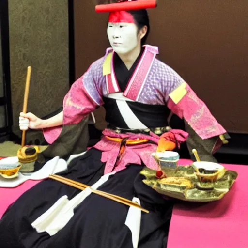 Image similar to a samurai at a tea party