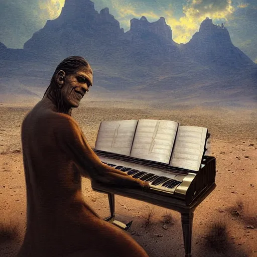 Prompt: UHD photorealistic Frankenstein playing piano in the desert by Greg Rutkowski