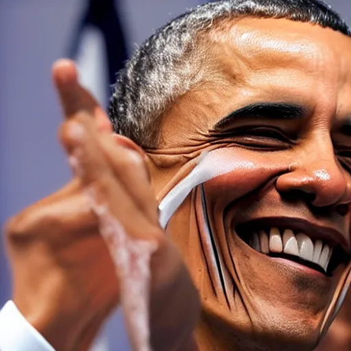Image similar to obama smiling while peeling his own skin off