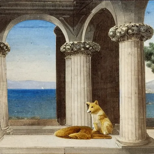 Image similar to a loggia from procida with a sleeping shiba inu by martinus rørbye, 1 8 3 5,