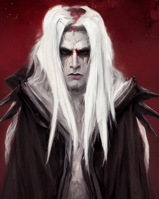 Image similar to '' Portrait of a blood warlock with white hair, dark theme, white long hair, fangs, bone wings,dark cape, dark eyes, dark red background, high detail, 4k , digital painting, artstation, concept art, sharp focus, illustration, art by greg rutkowski and alphonse mucha ''