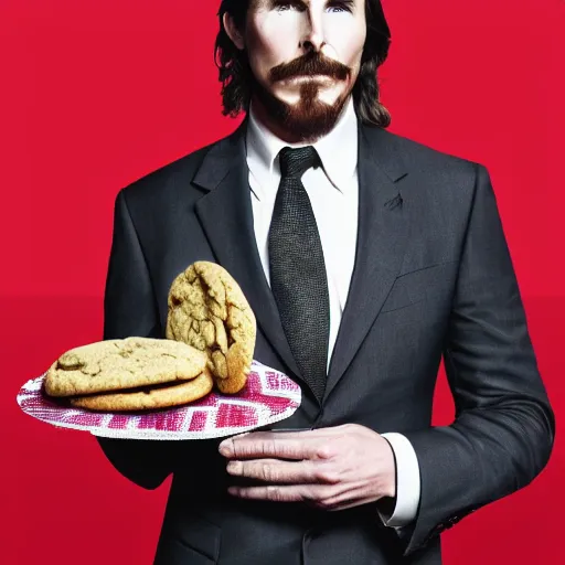 Prompt: Christian Bale wearing a suit whilst holding a cookie, film poster, 4k, award winning