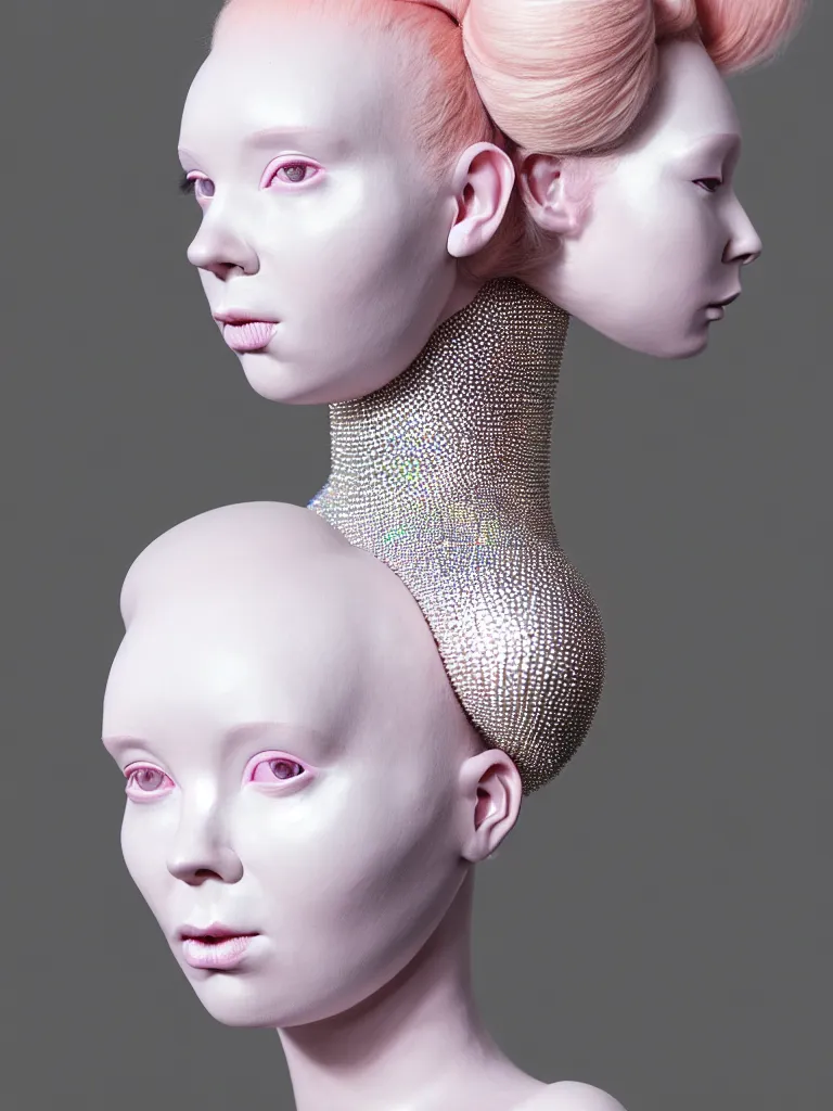 Prompt: portrait of a ethereal goddess wearing a big pearl studded iridescent beauty mask and pink hair buns, wearing a black bodysuit by alexander mcqueen, cream white background, soft diffused light, biotechnology, humanoid robot, perfectly symmetric, bjork aesthetic, translucent, by rineke dijkstra, intricate details, highly detailed, masterpiece,