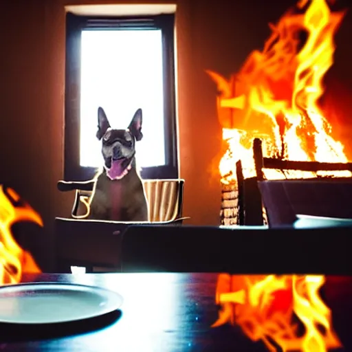 Image similar to a photograph of an humanlike relaxed dog in his house, sitting at a table, ☕ on the table, room is on fire, surrounded by flames, a lot of flames, smoke under the ceiling